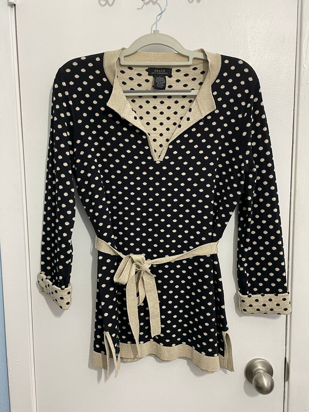 Grace Knit Dressing Tunic Sweater Small Belted Waist 3/4 Sleeve Black Polka Dot